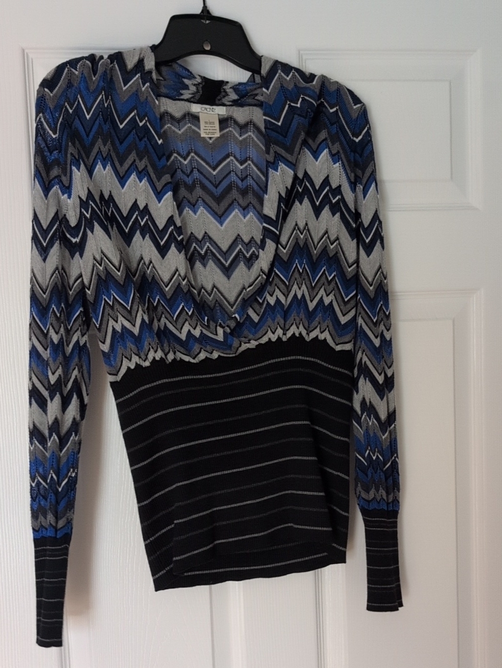 Cache Chevron Knit V-Neck Top in Blue, Black & Gray